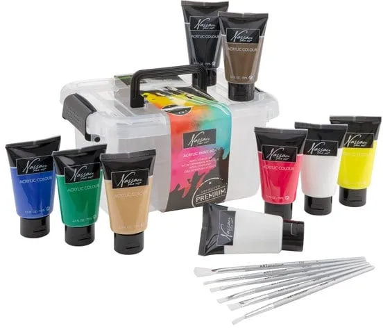 Pintura acrílica Nassau, set con 9 tubos de 75 ml incl. 6 pinceles