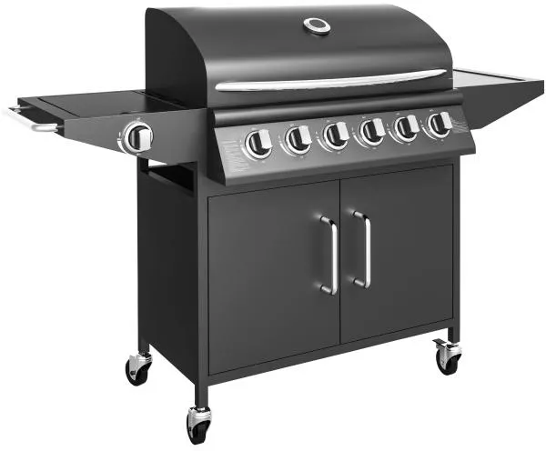 Parrilla de gas con 6 quemadores y hornillo lateral